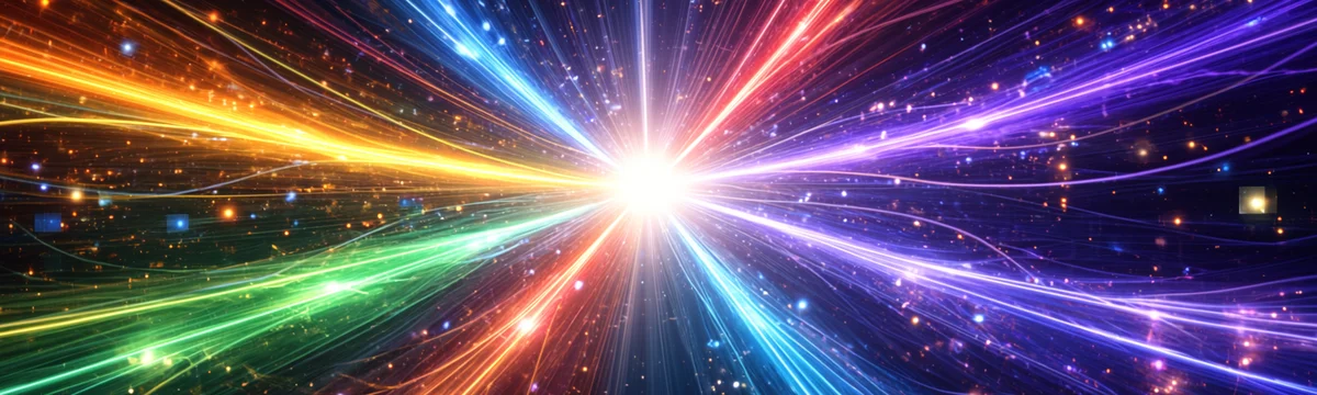 Ten converging evidence lines from eight disciplines — abstract data-art showing coloured beams meeting at a single luminous point