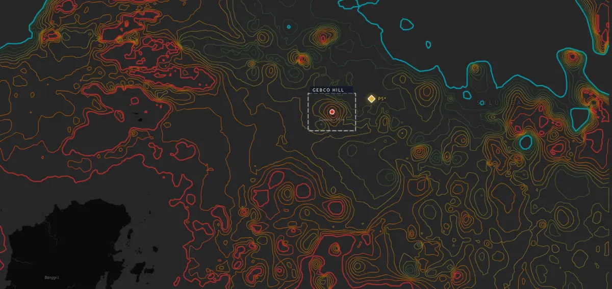 Bathymetric contour map of the Sulu Sea showing GEBCO Hill with concentric ring patterns — ALBA candidate site at 7.522°N, 117.67°E