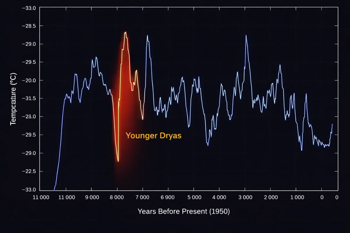 Graph showing the Younger Dryas temperature collapse approximately 12,800 years ago — the catastrophic event central to ALBA's investigation