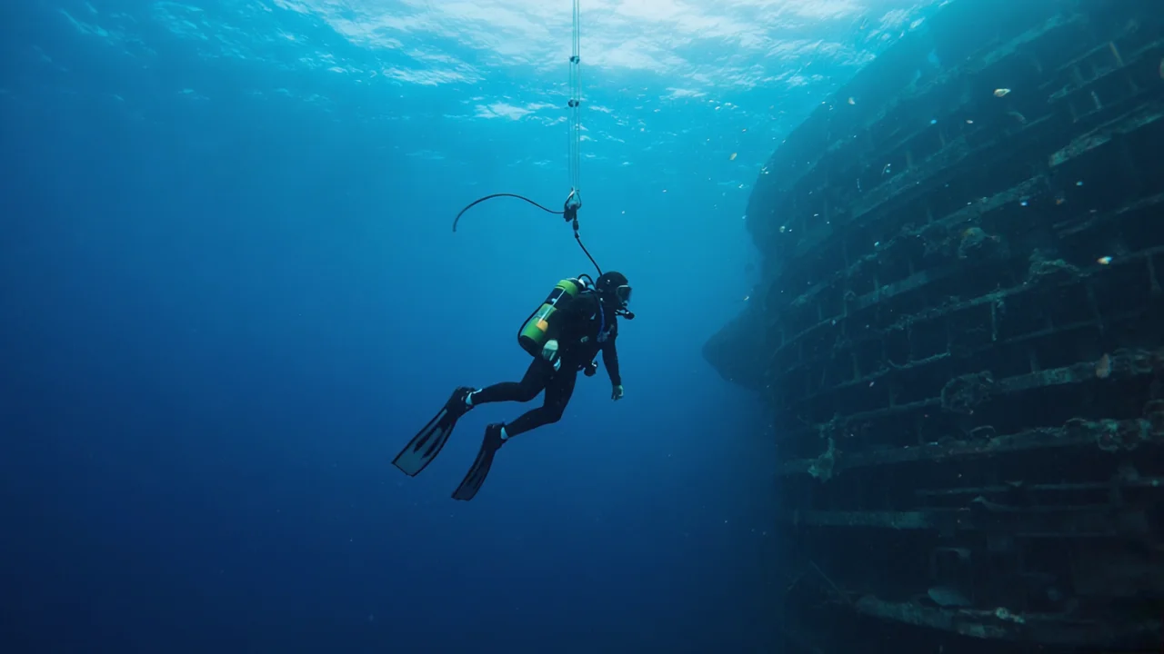 Lone diver descending toward a barely visible underwater structure — a beam of light from above, human scale against the ocean's immensity