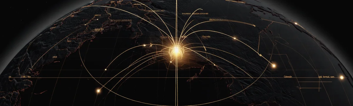 Globe with golden Phi-ratio lines connecting megalithic sites converging on GEBCO Hill