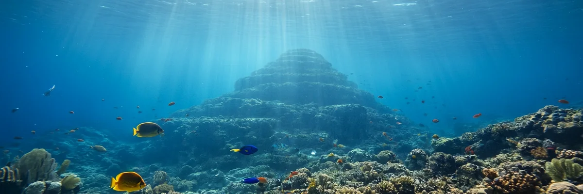 Underwater view of GEBCO Hill at -19m — sunlight filtering through surface, coral reef, tropical fish, terraced silhouette suggesting concentric rings